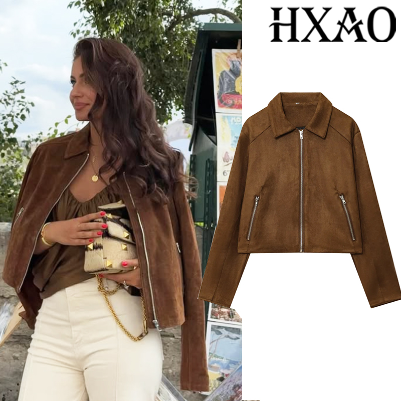 Women'S Fashion Bomber Jacket - HXAO Kırpılmış Ceket Süet Ceket Kadın