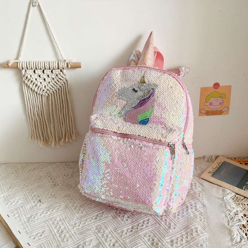 Women'S Fashion Backpack - Pul Payetli Unicorn Sırt Çantası Pembe