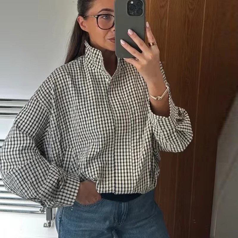 Women'S Fashion Bomber Jacket - Ekose Bombacı Ceket Kadın Demi-Sezon Uzun