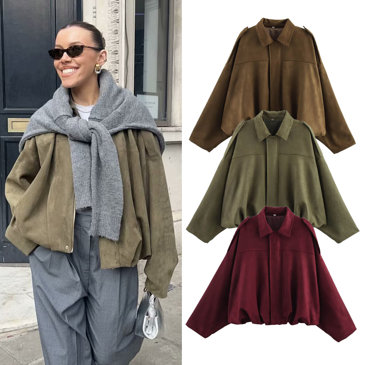 Women'S Fashion Bomber Jacket - Kadın Bombacı Ceketler Süet Doku Mont