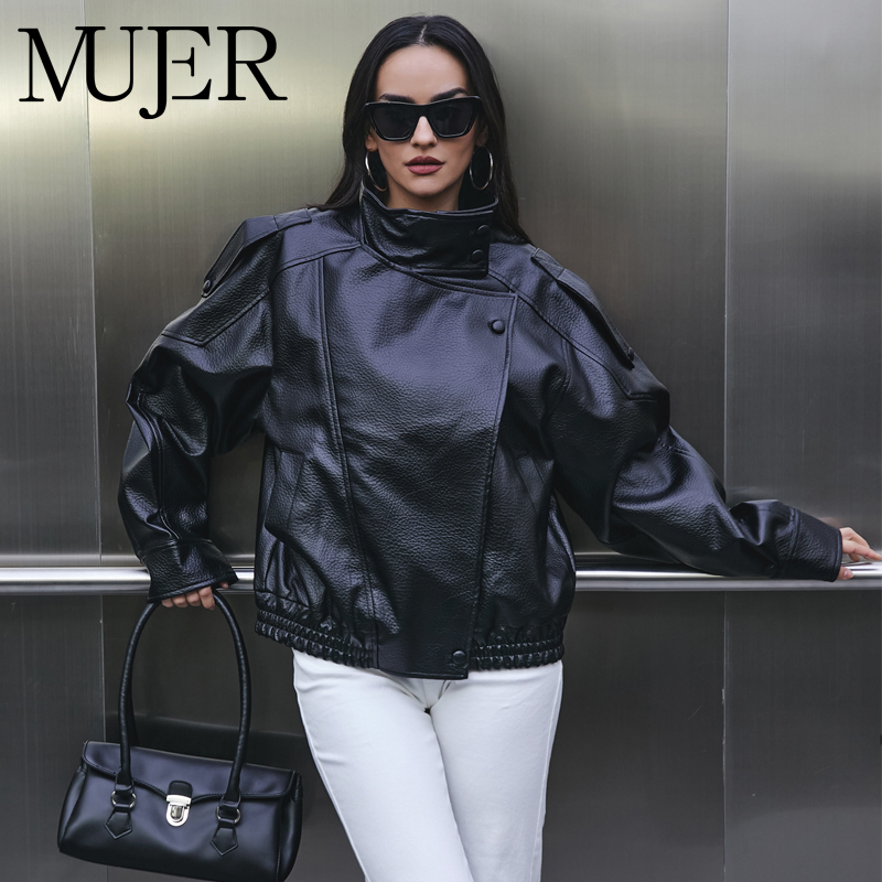 Women'S Fashion Bomber Jacket - MUJER Suni Deri kadın Ceket Siyah