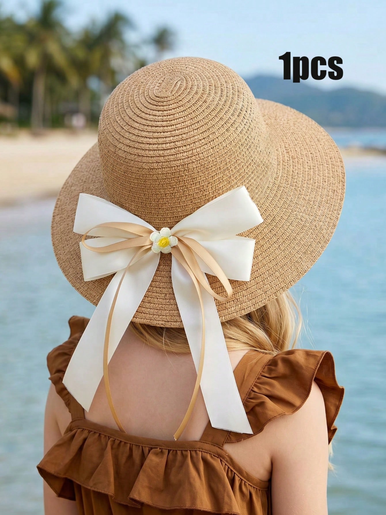 Straw Hat Summer - 1 adet 3-8Y kızlar kahve yay